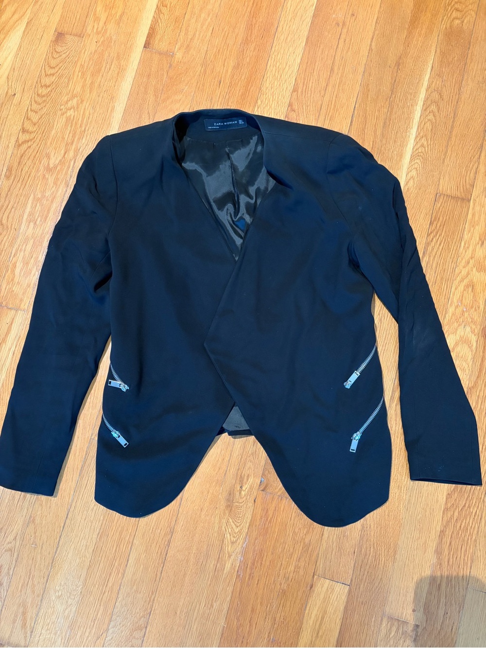 Zara Black Open-Front Jacket with Zip Accents